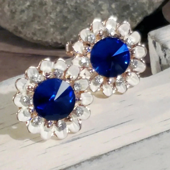 Sapphire Blue Lady Di Style Austrian Rivoli Crystal Earrings - Picture 1 of 10